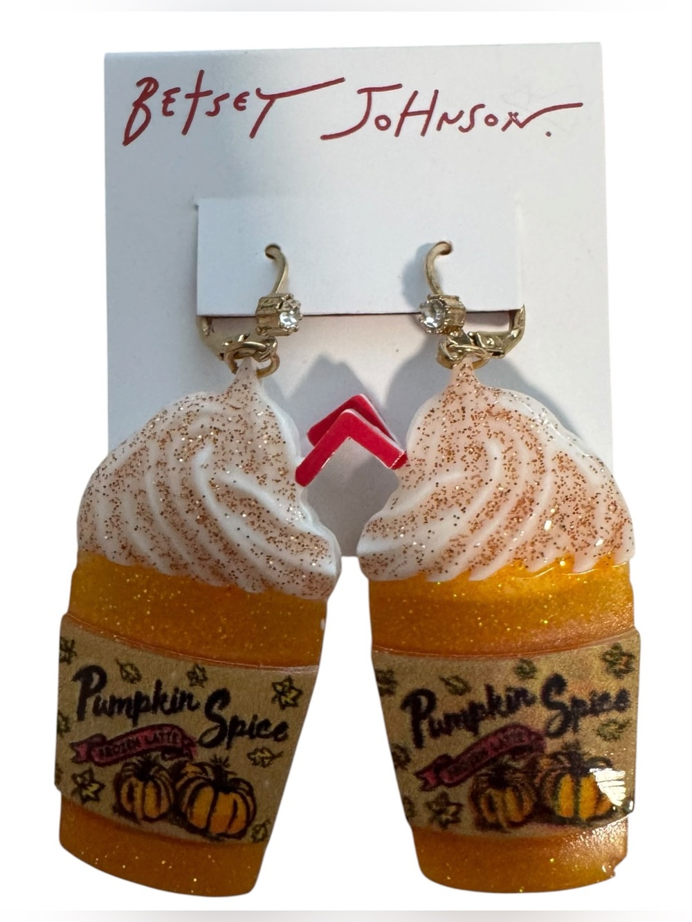 Betsey Johnson Pumpkin Spice Latte Drop Statement Earrings Goldtone - NWT
